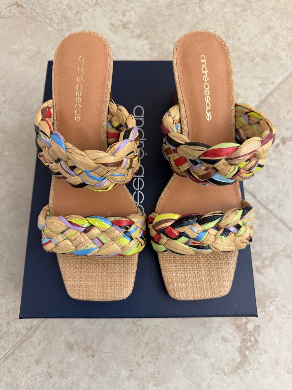 Andre Assous Drew Multicolor Braided Raffia Slide Sandals Size 8